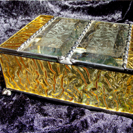english muffle glass jewelry box with beveled glue chip glass top and silver mirror bottom